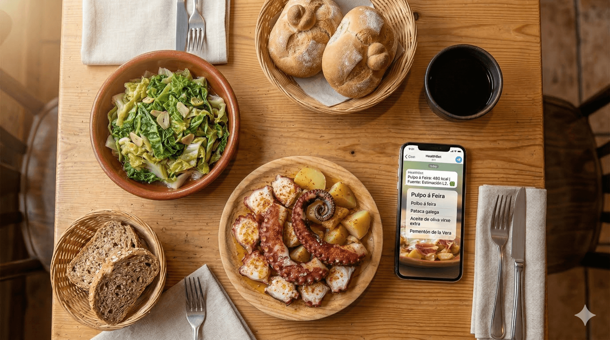 Pulpo a feira en restaurante gallego — plato de referencia en la demo