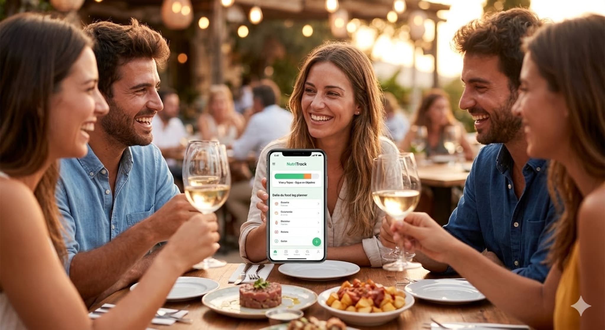 Amigos disfrutando de una cena en restaurante, usando nutriXplorer para consultar información nutricional