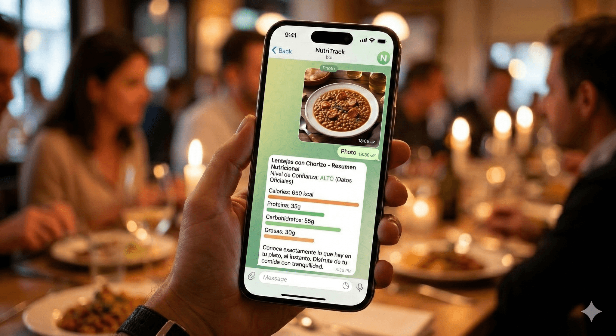 Consulta nutricional en Telegram: lentejas con chorizo, 650 kcal, nivel de confianza ALTO