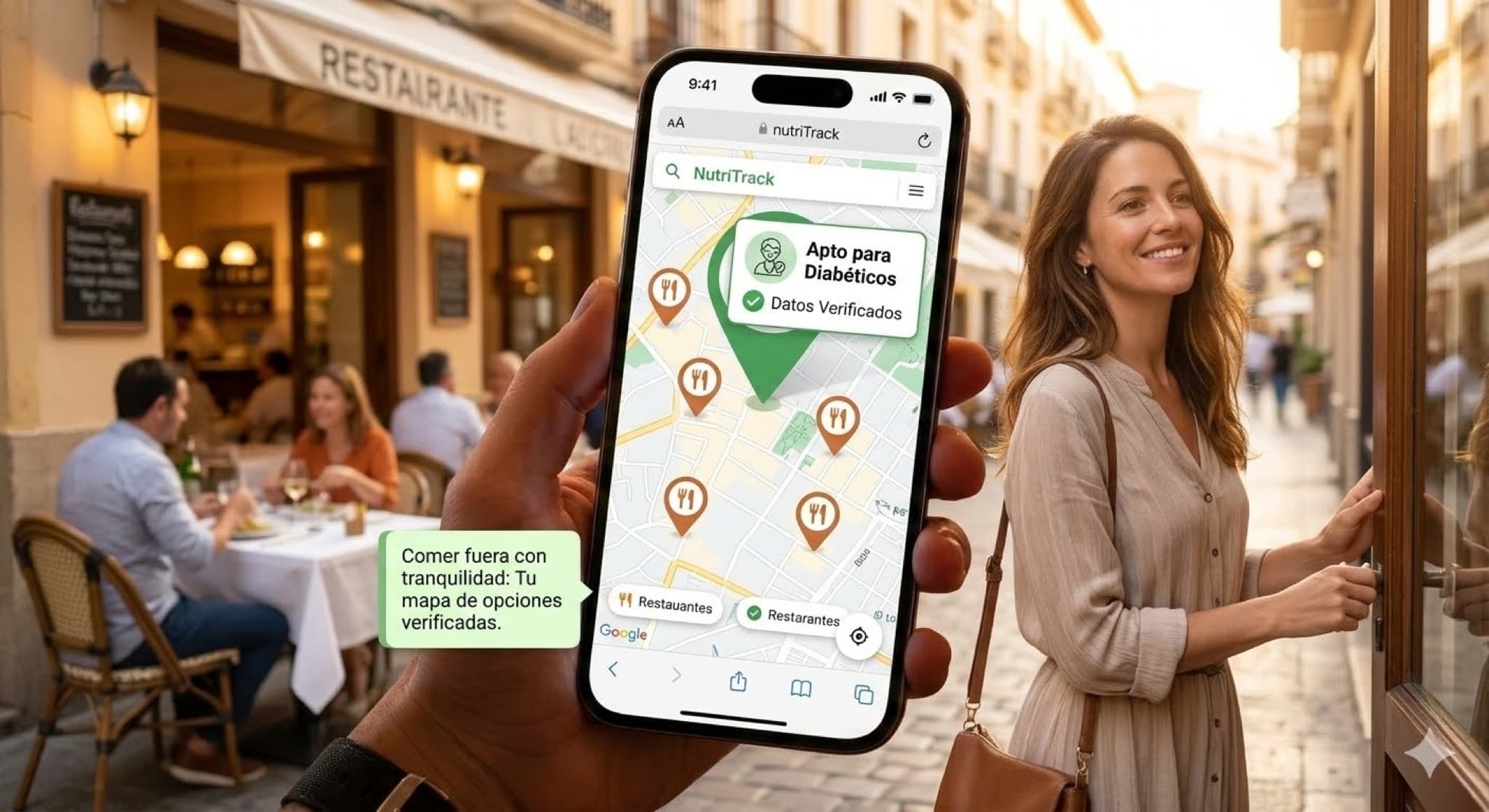 Calle con restaurantes de una ciudad española, vista aérea