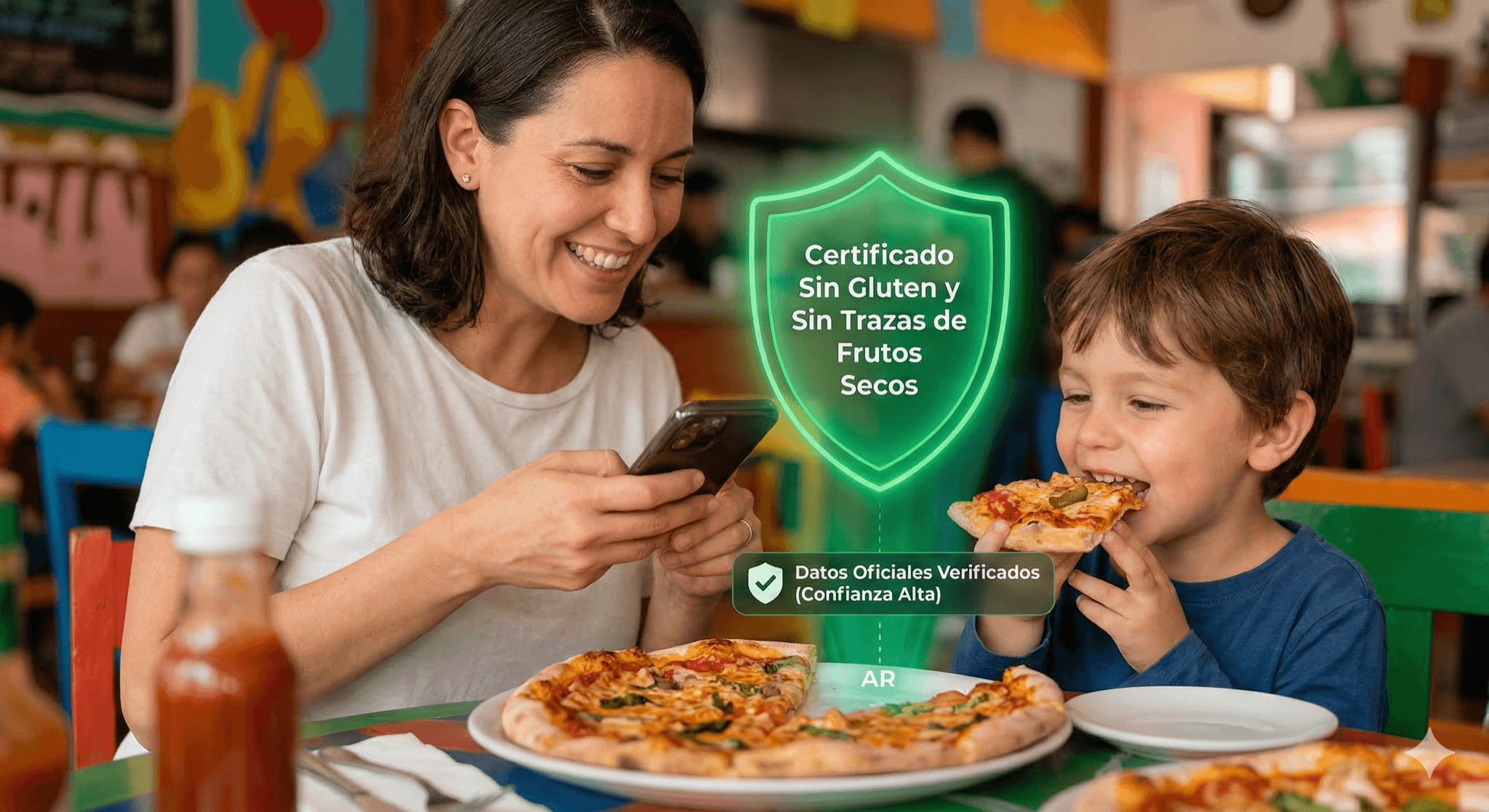 Familia disfrutando de una comida segura sin preocupaciones por alérgenos
